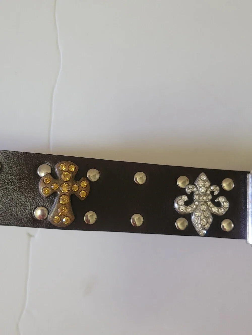 Western Studded Brown Leather Belt with Crystal Accents EUC L Cowboy Rodeo